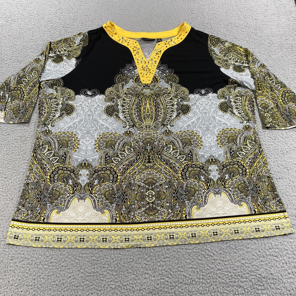 Susan Graver Shirt Womens 3X Black Yellow Paisley Embellished Tunic Top